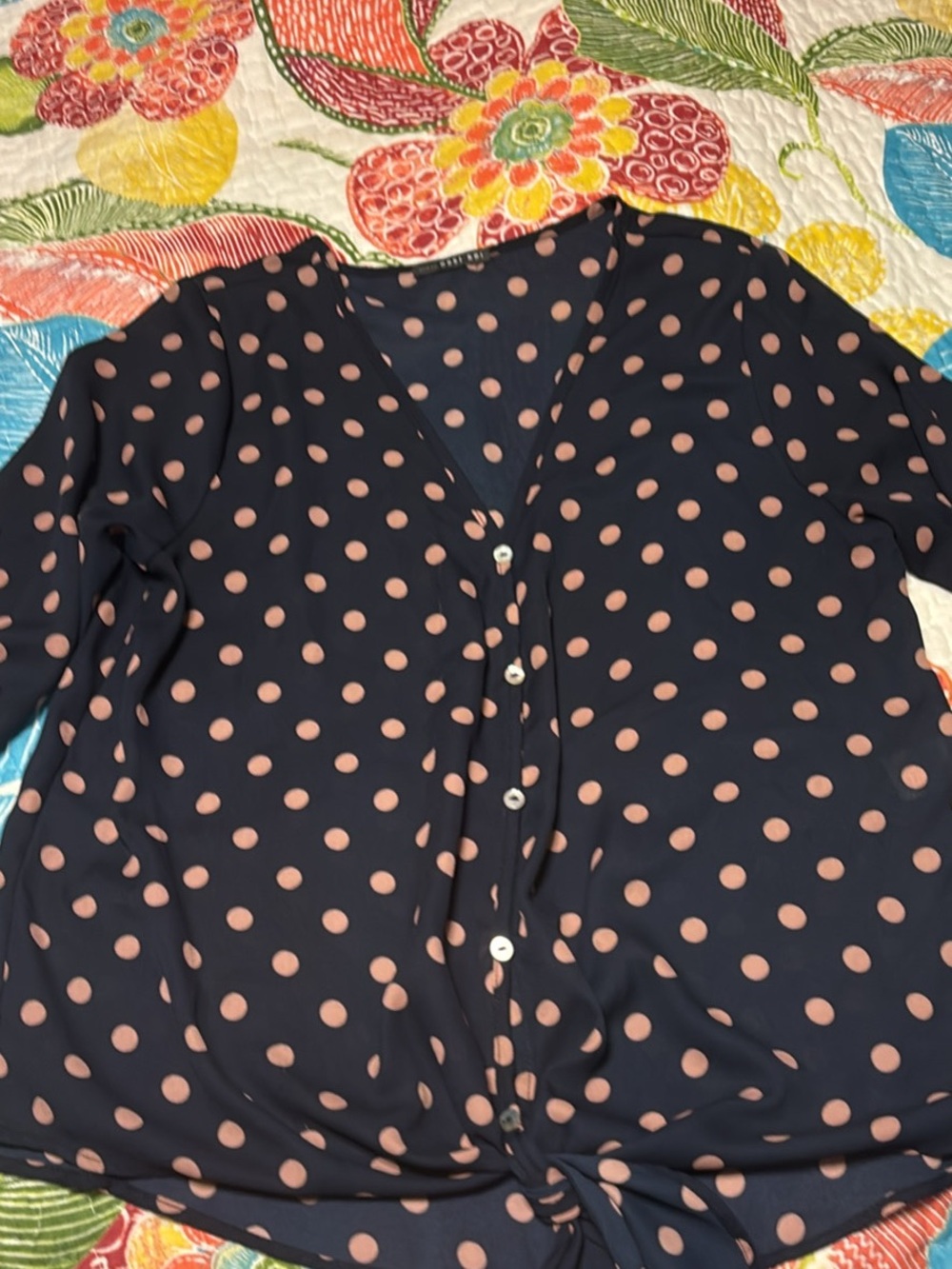 Polka Dot Button-Front V-Neck Top - Navy with Blush Dots